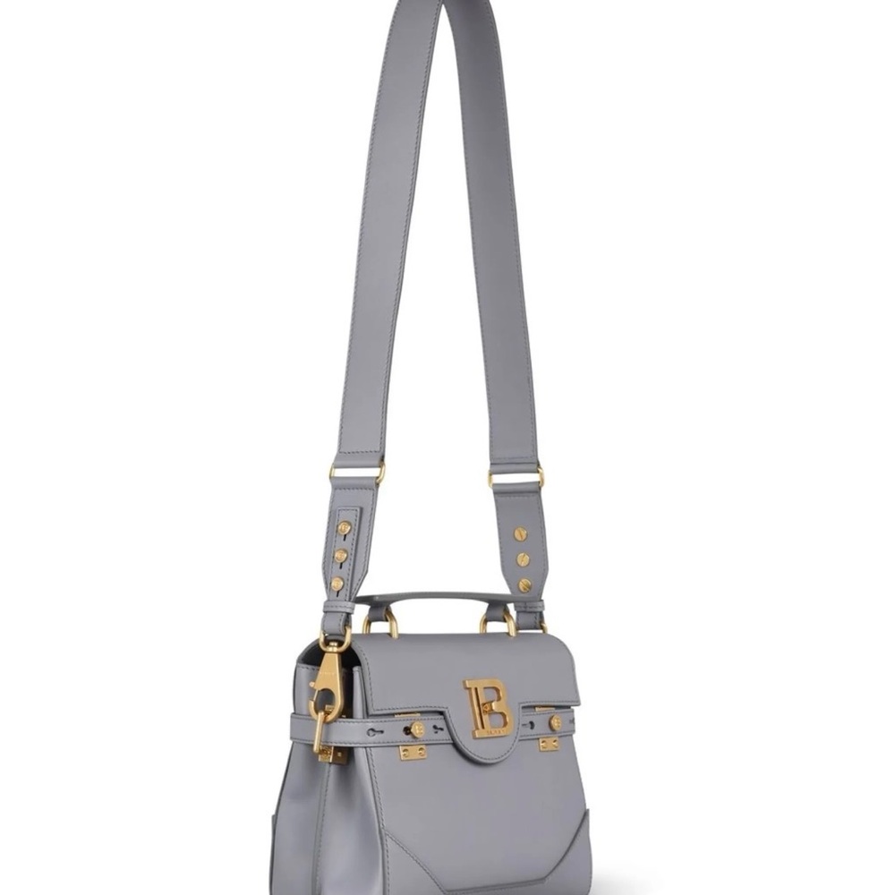 Balmain Elegant Gray Leather Shoulder Bag with Gold Hardware